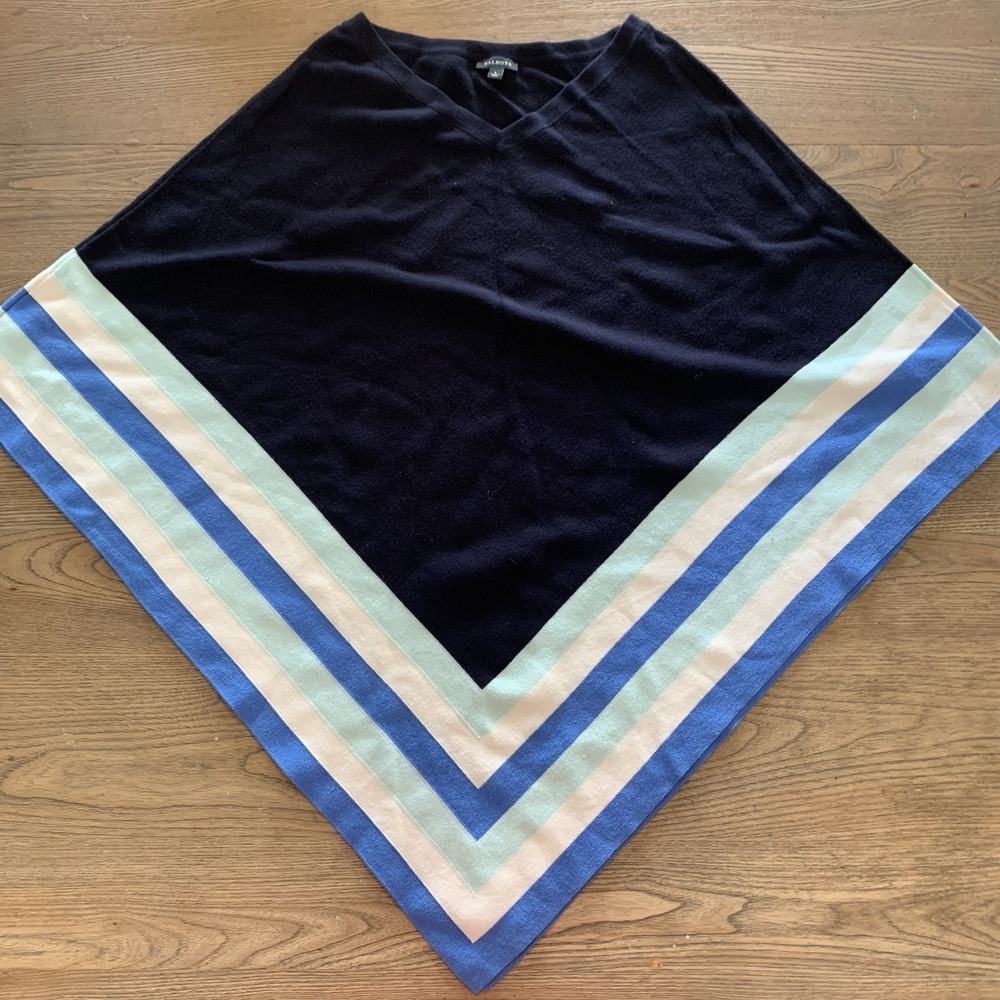 Talbots L Navy Blue Stripe Border Knit Poncho Top Asymmetrical Lightweight
